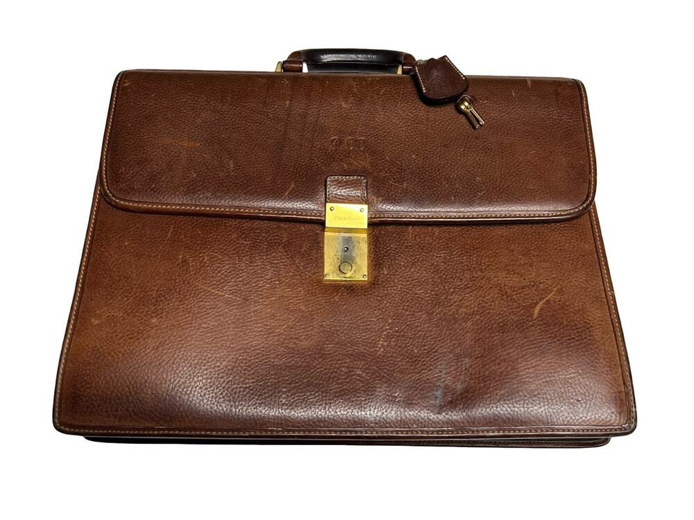 COLE HAAN Distressed Thick Brown Leather Briefcase / Attache Italy w/ Keys